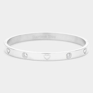 Heart Crystal Detail Stainless Steel Silver Bangle Bracelet